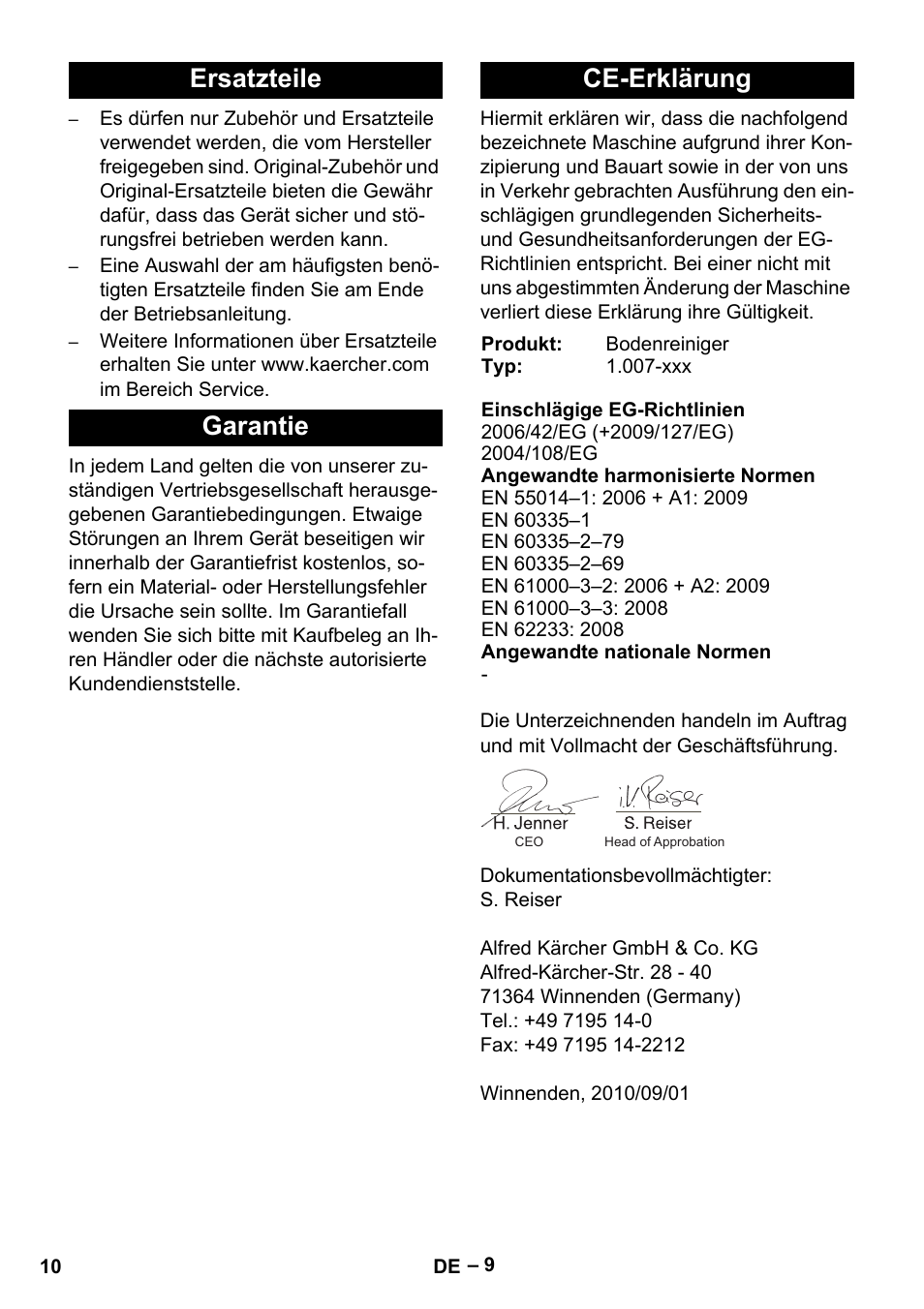 Ersatzteile garantie ce-erklärung | Karcher Vysokotlaký čistič AP 100-50 M antr- User Manual | Page 10 / 294
