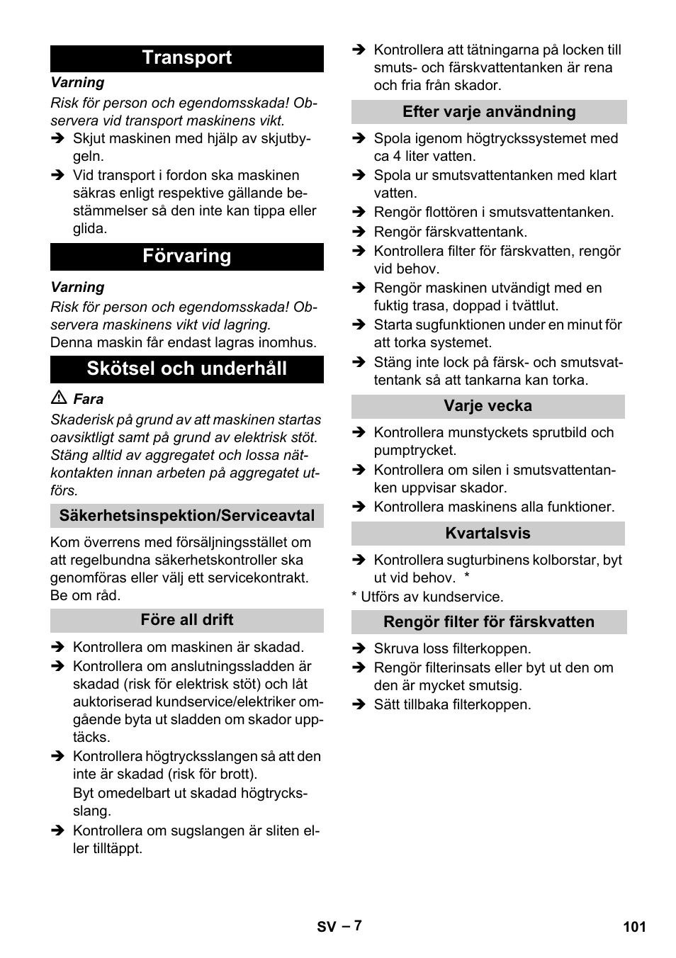 Transport förvaring skötsel och underhåll | Karcher Vysokotlaký čistič AP 100-50 M antr- User Manual | Page 101 / 294