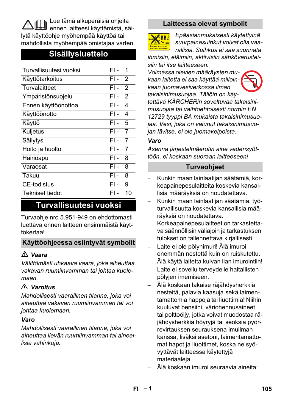 Sisällysluettelo, Turvallisuutesi vuoksi | Karcher Vysokotlaký čistič AP 100-50 M antr- User Manual | Page 105 / 294