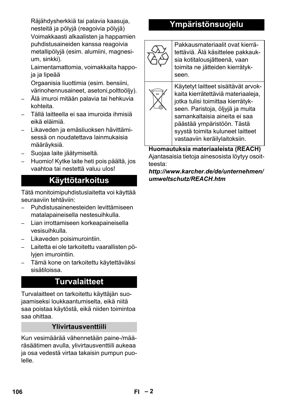 Käyttötarkoitus turvalaitteet, Ympäristönsuojelu | Karcher Vysokotlaký čistič AP 100-50 M antr- User Manual | Page 106 / 294