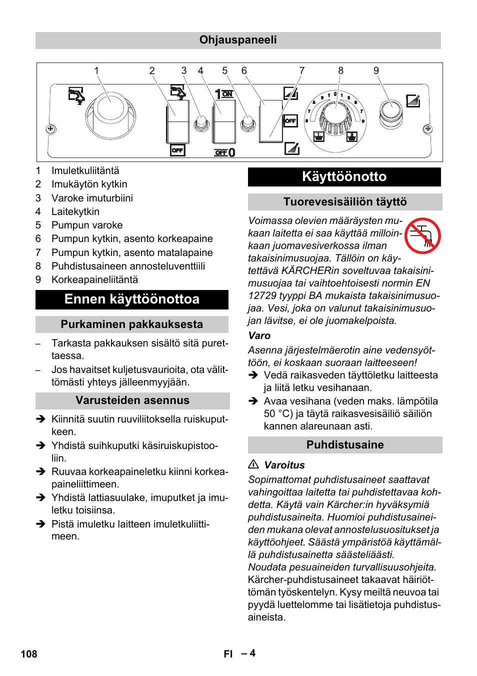 Ennen käyttöönottoa, Käyttöönotto | Karcher Vysokotlaký čistič AP 100-50 M antr- User Manual | Page 108 / 294