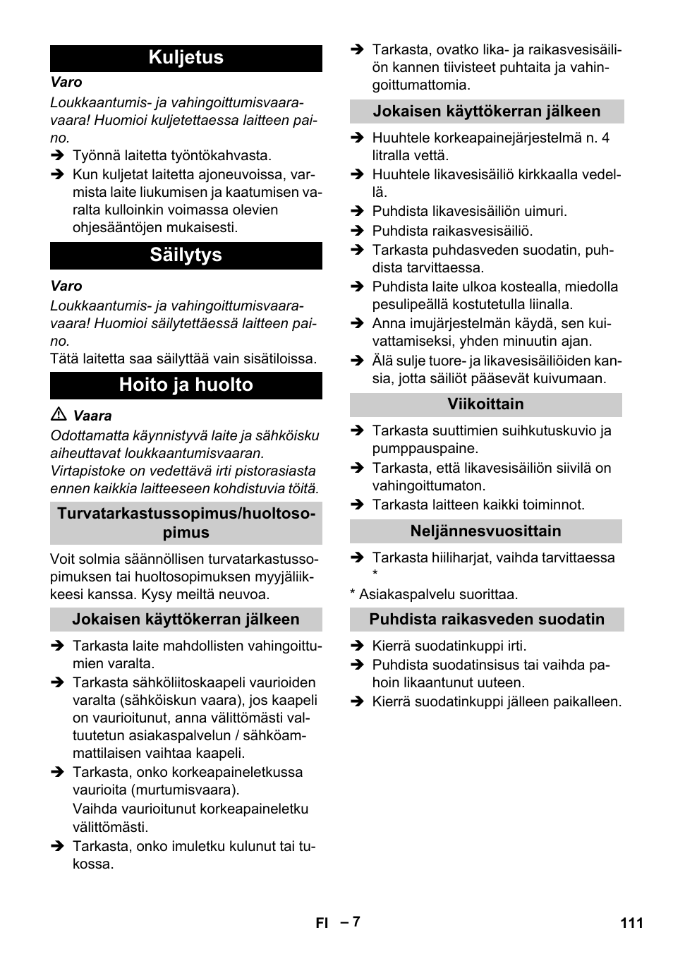 Kuljetus säilytys hoito ja huolto | Karcher Vysokotlaký čistič AP 100-50 M antr- User Manual | Page 111 / 294