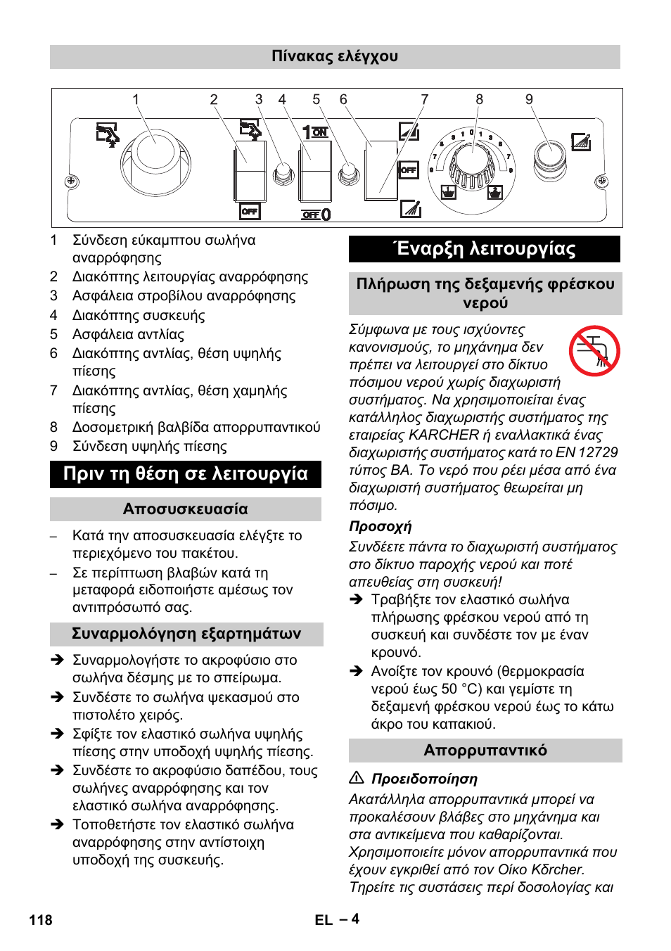 Πριν τη θέση σε λειτουργία, Έναρξη λειτουργίας | Karcher Vysokotlaký čistič AP 100-50 M antr- User Manual | Page 118 / 294