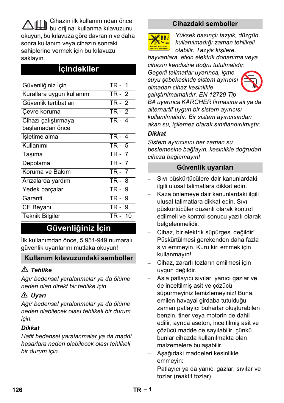 Içindekiler, Güvenliğiniz için | Karcher Vysokotlaký čistič AP 100-50 M antr- User Manual | Page 126 / 294