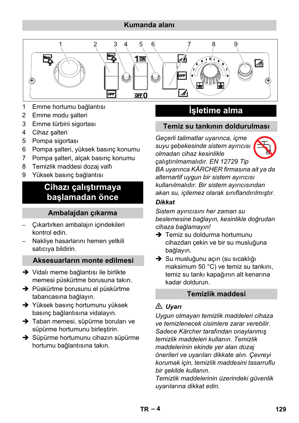 Cihazı çalıştırmaya başlamadan önce, Işletime alma | Karcher Vysokotlaký čistič AP 100-50 M antr- User Manual | Page 129 / 294