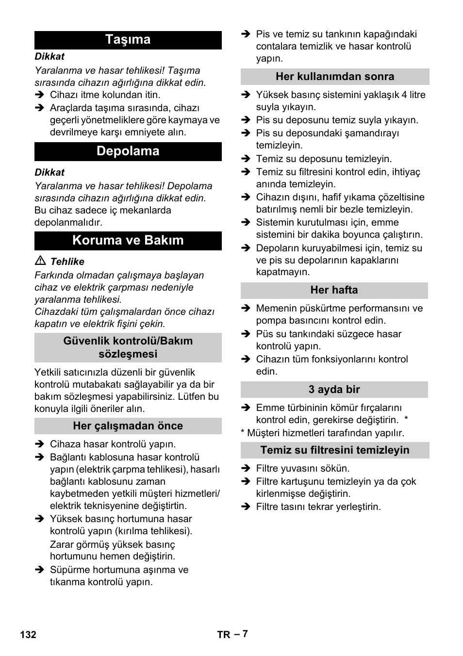 Taşıma depolama koruma ve bakım | Karcher Vysokotlaký čistič AP 100-50 M antr- User Manual | Page 132 / 294