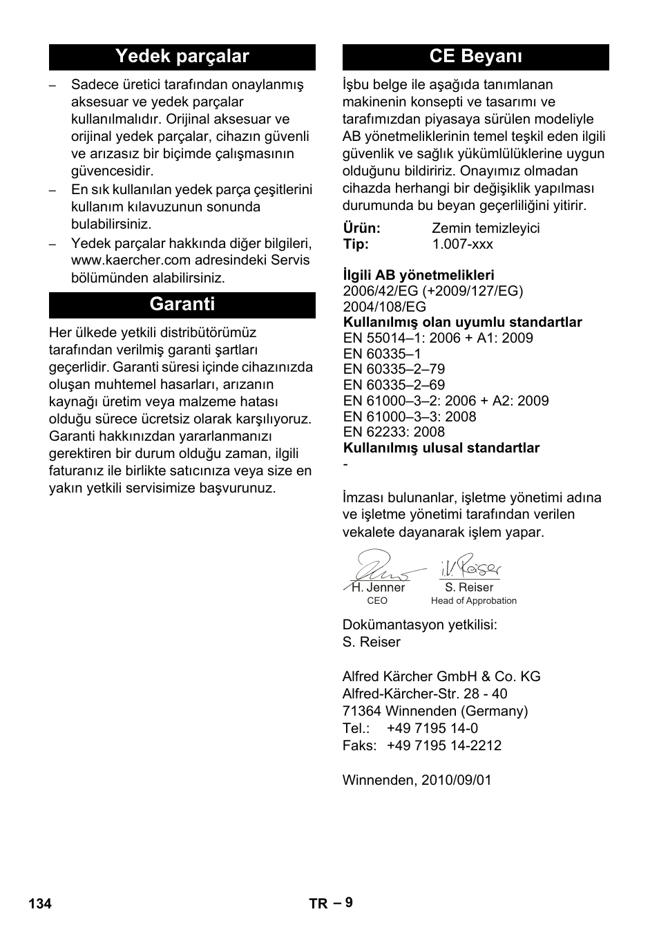 Yedek parçalar garanti ce beyanı | Karcher Vysokotlaký čistič AP 100-50 M antr- User Manual | Page 134 / 294