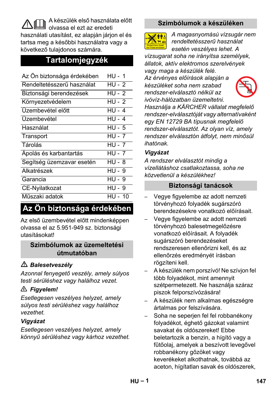 Tartalomjegyzék, Az ön biztonsága érdekében | Karcher Vysokotlaký čistič AP 100-50 M antr- User Manual | Page 147 / 294