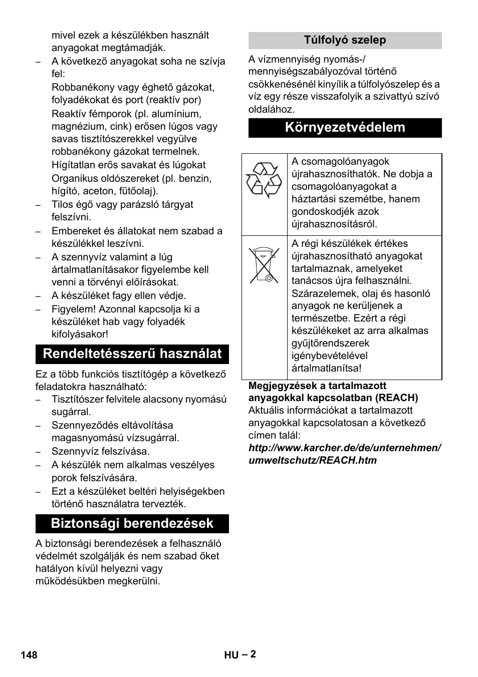 Rendeltetésszerű használat biztonsági berendezések, Környezetvédelem | Karcher Vysokotlaký čistič AP 100-50 M antr- User Manual | Page 148 / 294