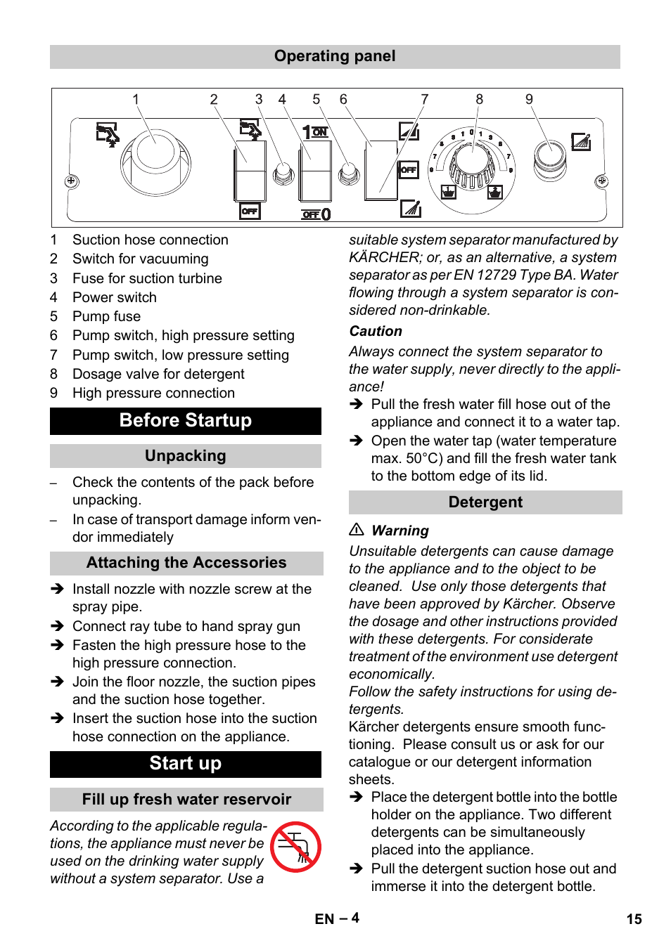 Before startup, Start up | Karcher Vysokotlaký čistič AP 100-50 M antr- User Manual | Page 15 / 294