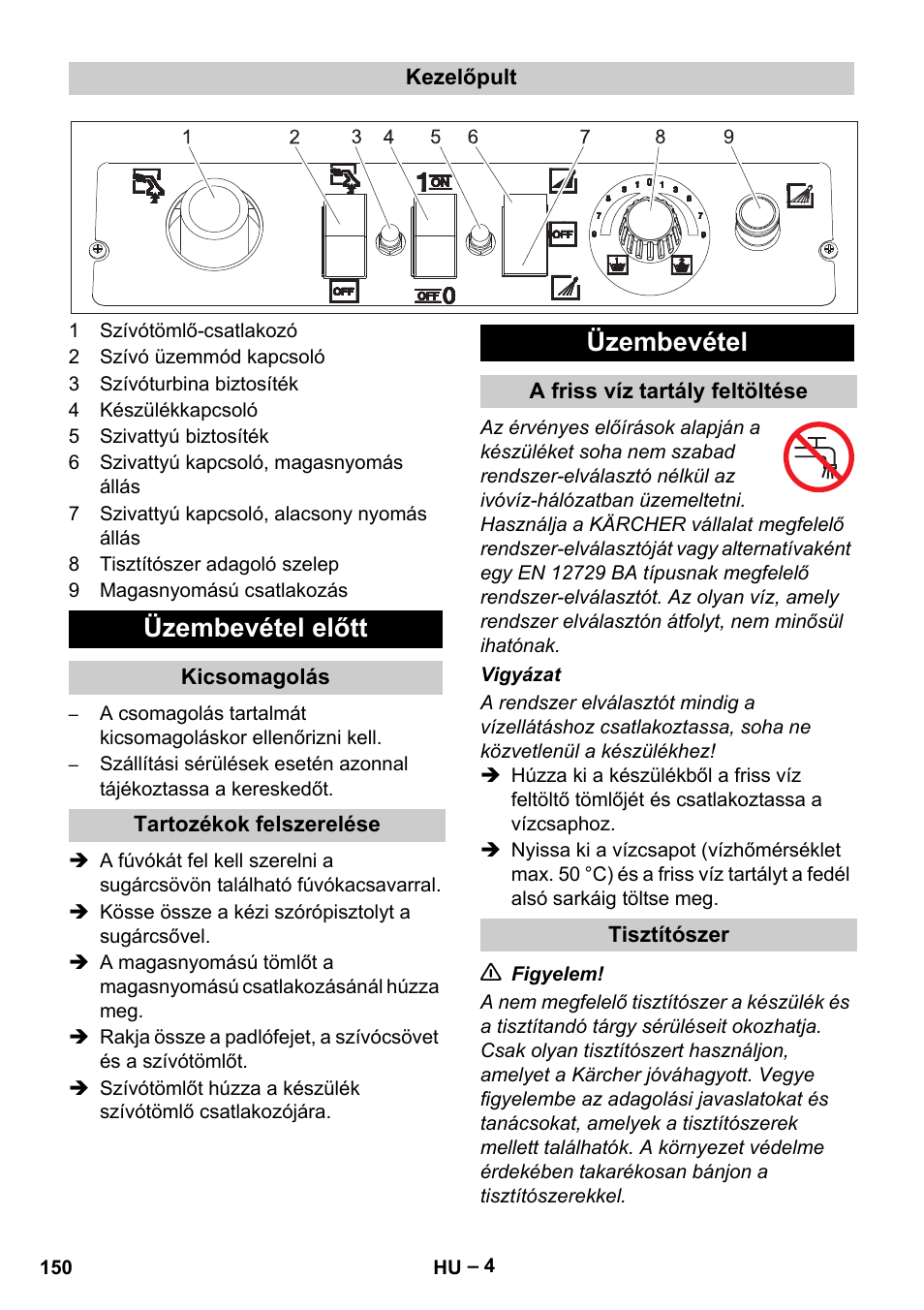 Üzembevétel előtt, Üzembevétel | Karcher Vysokotlaký čistič AP 100-50 M antr- User Manual | Page 150 / 294