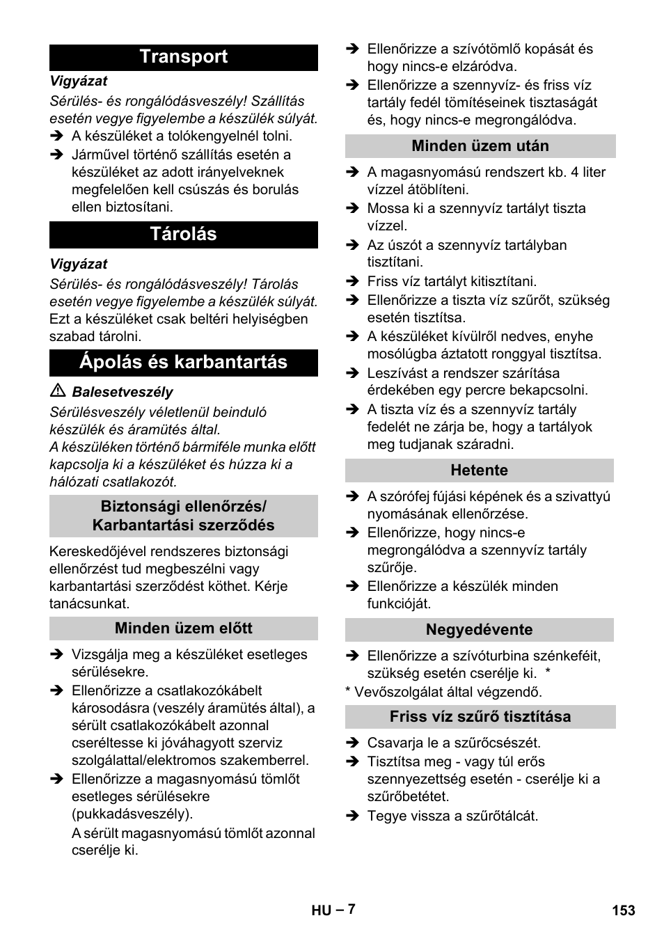 Transport tárolás ápolás és karbantartás | Karcher Vysokotlaký čistič AP 100-50 M antr- User Manual | Page 153 / 294