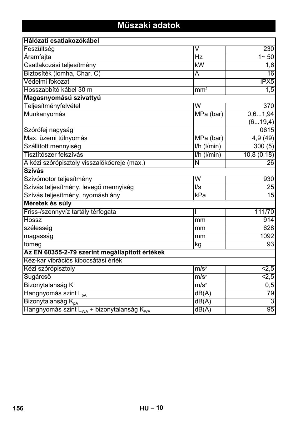 Műszaki adatok | Karcher Vysokotlaký čistič AP 100-50 M antr- User Manual | Page 156 / 294