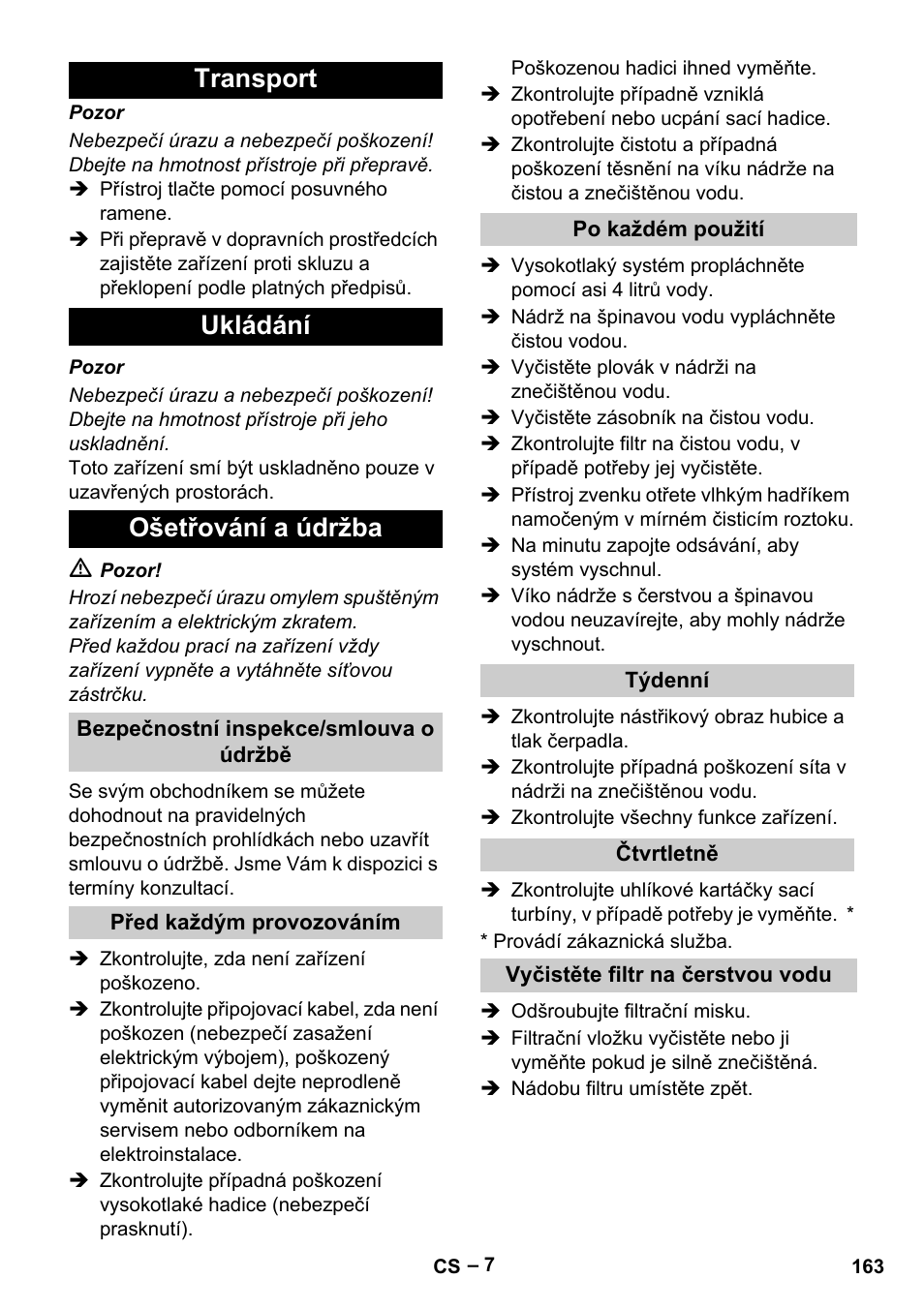 Transport ukládání ošetřování a údržba | Karcher Vysokotlaký čistič AP 100-50 M antr- User Manual | Page 163 / 294