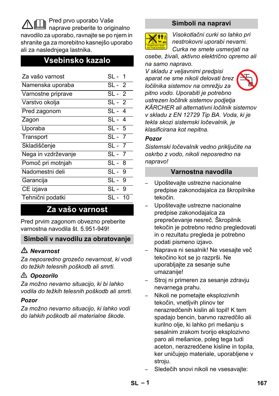 Vsebinsko kazalo, Za vašo varnost | Karcher Vysokotlaký čistič AP 100-50 M antr- User Manual | Page 167 / 294