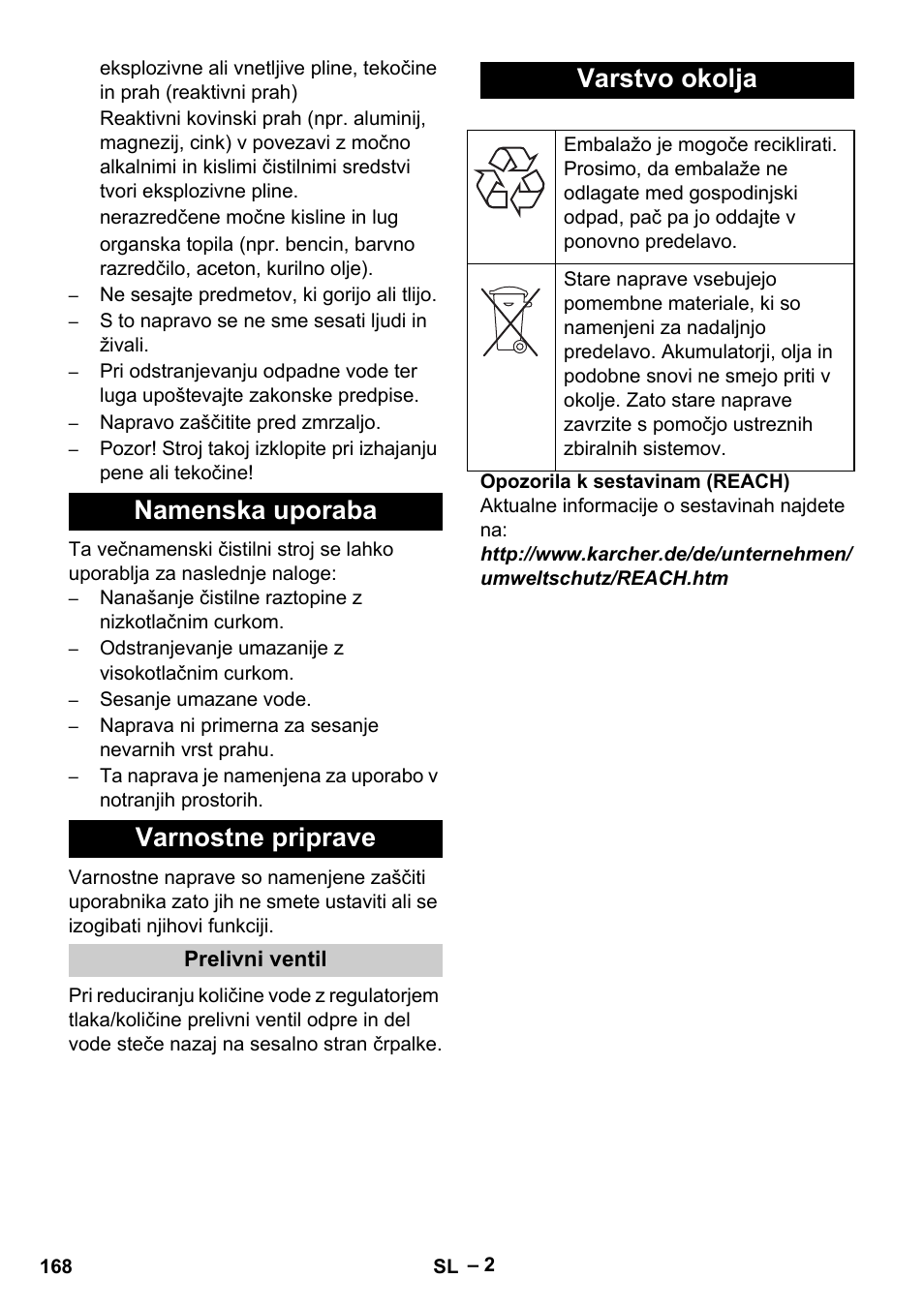 Namenska uporaba varnostne priprave, Varstvo okolja | Karcher Vysokotlaký čistič AP 100-50 M antr- User Manual | Page 168 / 294
