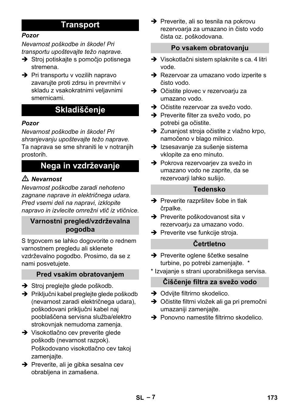 Transport skladiščenje nega in vzdrževanje | Karcher Vysokotlaký čistič AP 100-50 M antr- User Manual | Page 173 / 294