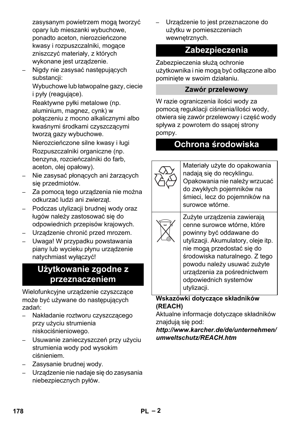 Użytkowanie zgodne z przeznaczeniem zabezpieczenia, Ochrona środowiska | Karcher Vysokotlaký čistič AP 100-50 M antr- User Manual | Page 178 / 294