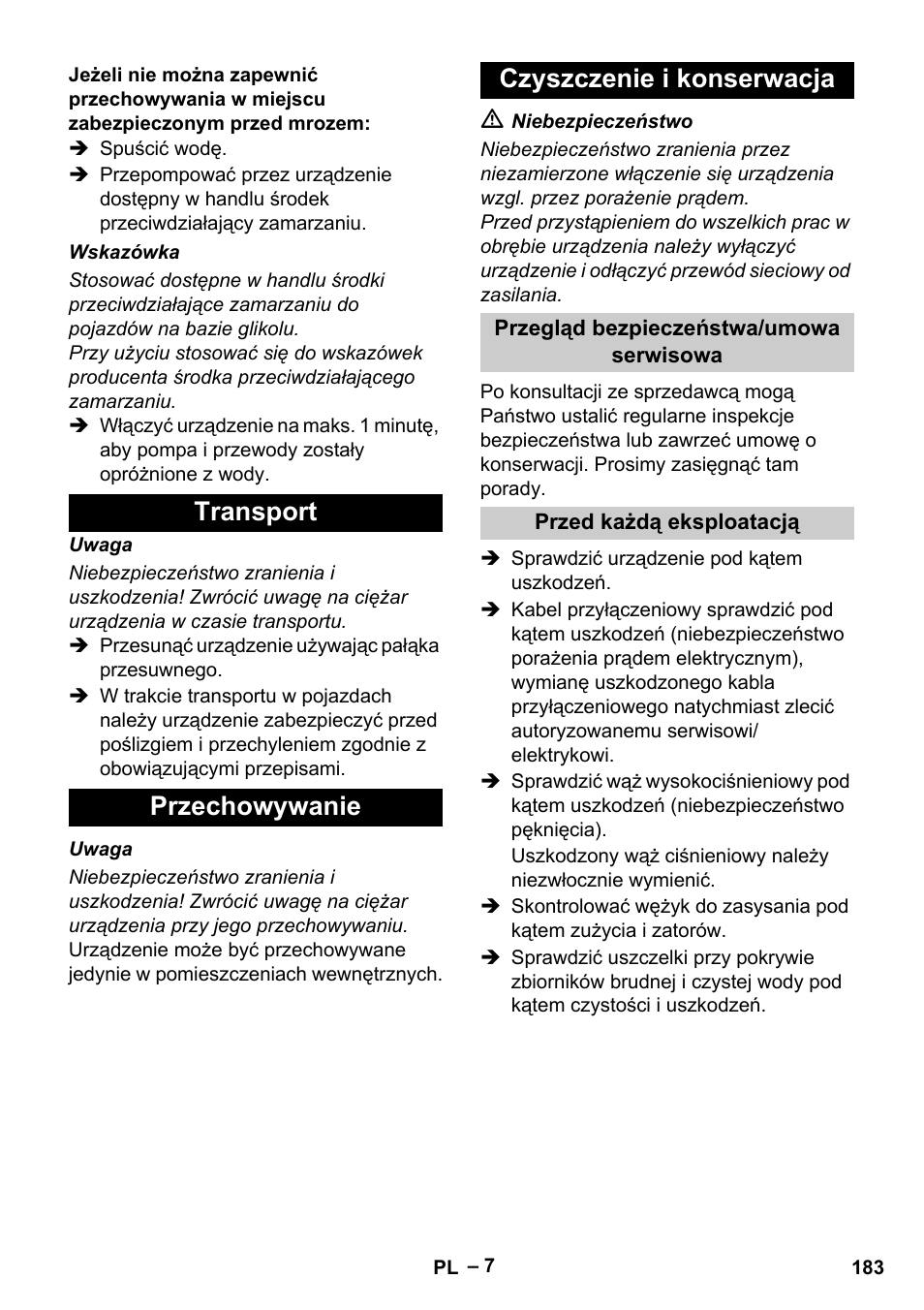 Transport przechowywanie czyszczenie i konserwacja | Karcher Vysokotlaký čistič AP 100-50 M antr- User Manual | Page 183 / 294