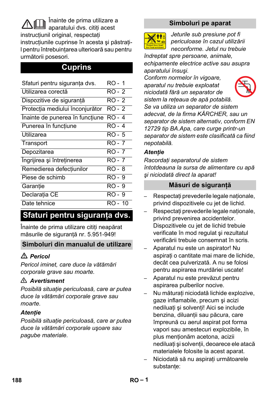 Cuprins, Sfaturi pentru siguranţa dvs | Karcher Vysokotlaký čistič AP 100-50 M antr- User Manual | Page 188 / 294