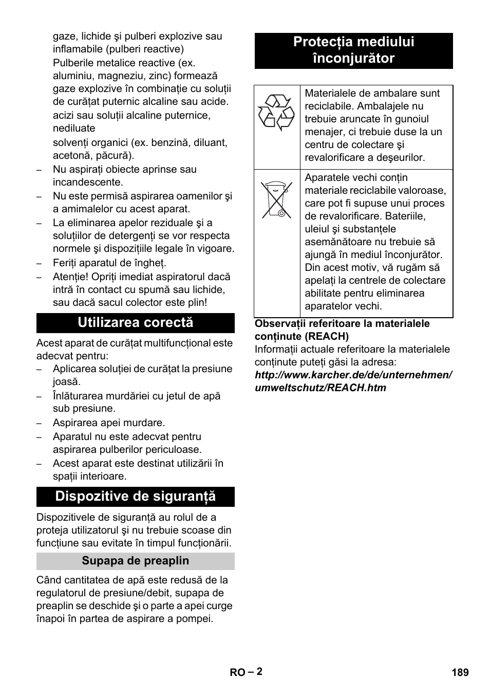 Utilizarea corectă dispozitive de siguranţă, Protecţia mediului înconjurător | Karcher Vysokotlaký čistič AP 100-50 M antr- User Manual | Page 189 / 294