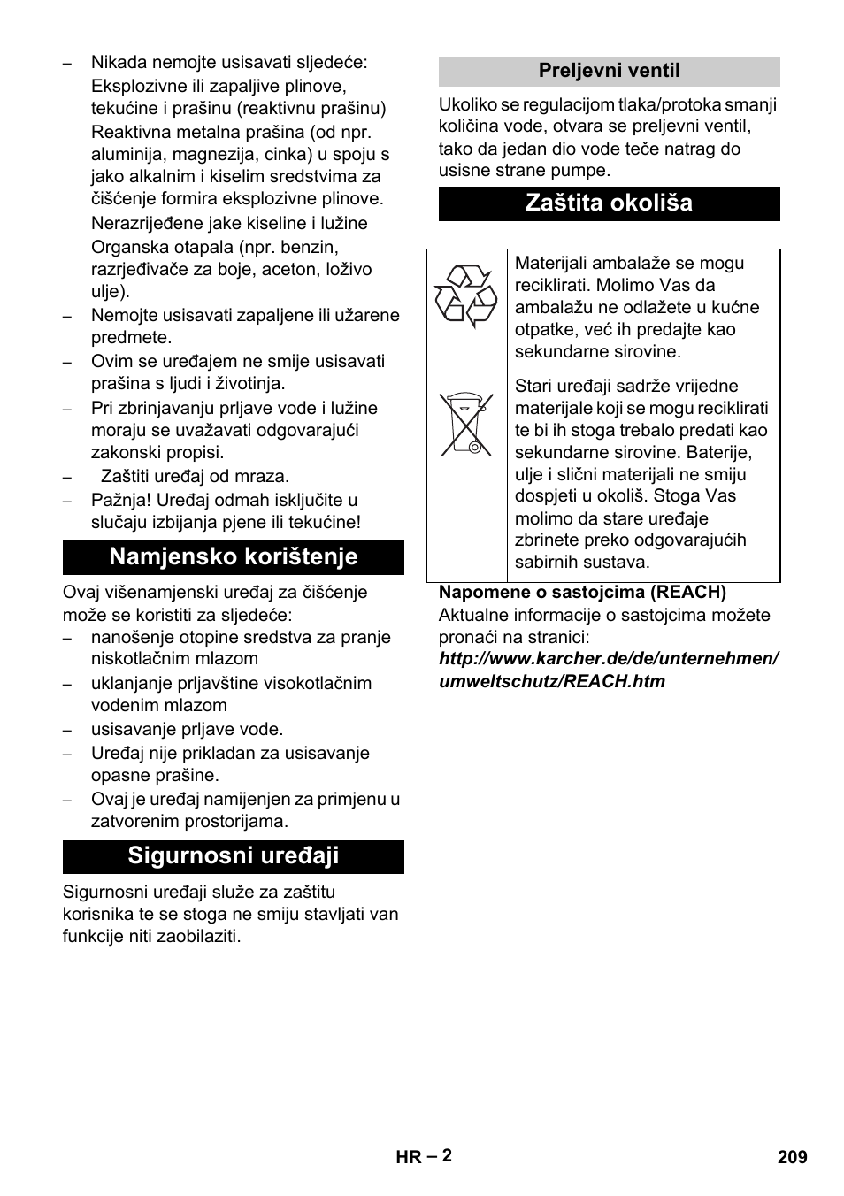 Namjensko korištenje sigurnosni uređaji, Zaštita okoliša | Karcher Vysokotlaký čistič AP 100-50 M antr- User Manual | Page 209 / 294