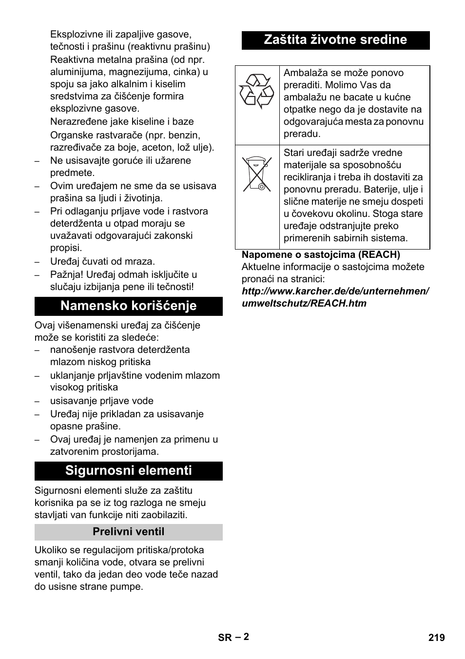 Namensko korišćenje sigurnosni elementi, Zaštita životne sredine | Karcher Vysokotlaký čistič AP 100-50 M antr- User Manual | Page 219 / 294