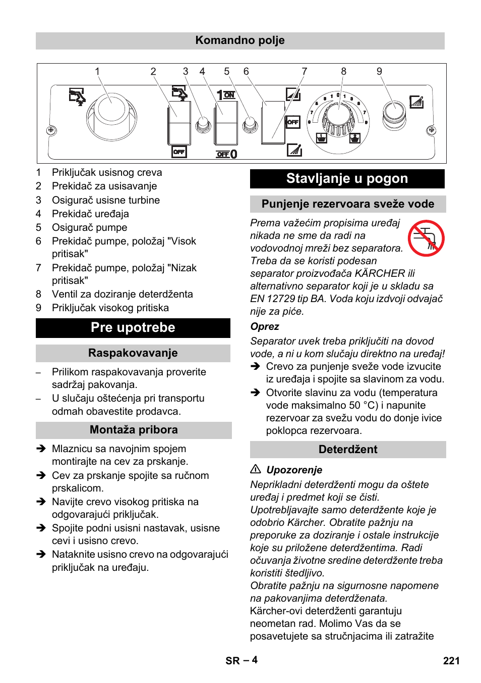 Pre upotrebe, Stavljanje u pogon | Karcher Vysokotlaký čistič AP 100-50 M antr- User Manual | Page 221 / 294
