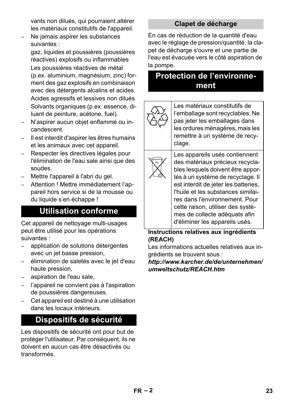 Utilisation conforme dispositifs de sécurité, Protection de l’environne- ment | Karcher Vysokotlaký čistič AP 100-50 M antr- User Manual | Page 23 / 294