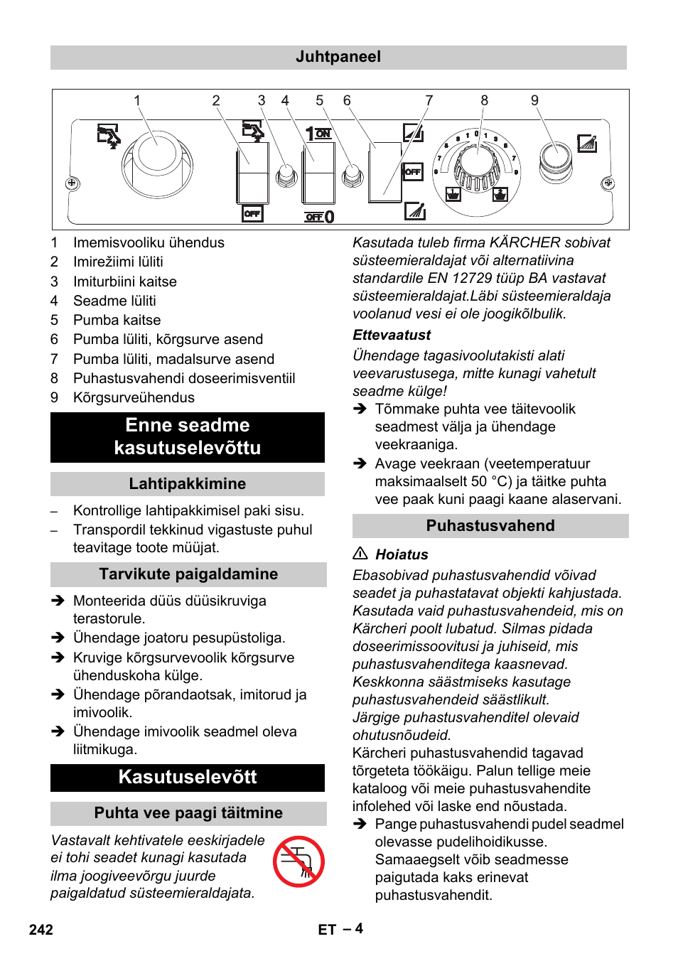 Enne seadme kasutuselevõttu, Kasutuselevõtt | Karcher Vysokotlaký čistič AP 100-50 M antr- User Manual | Page 242 / 294