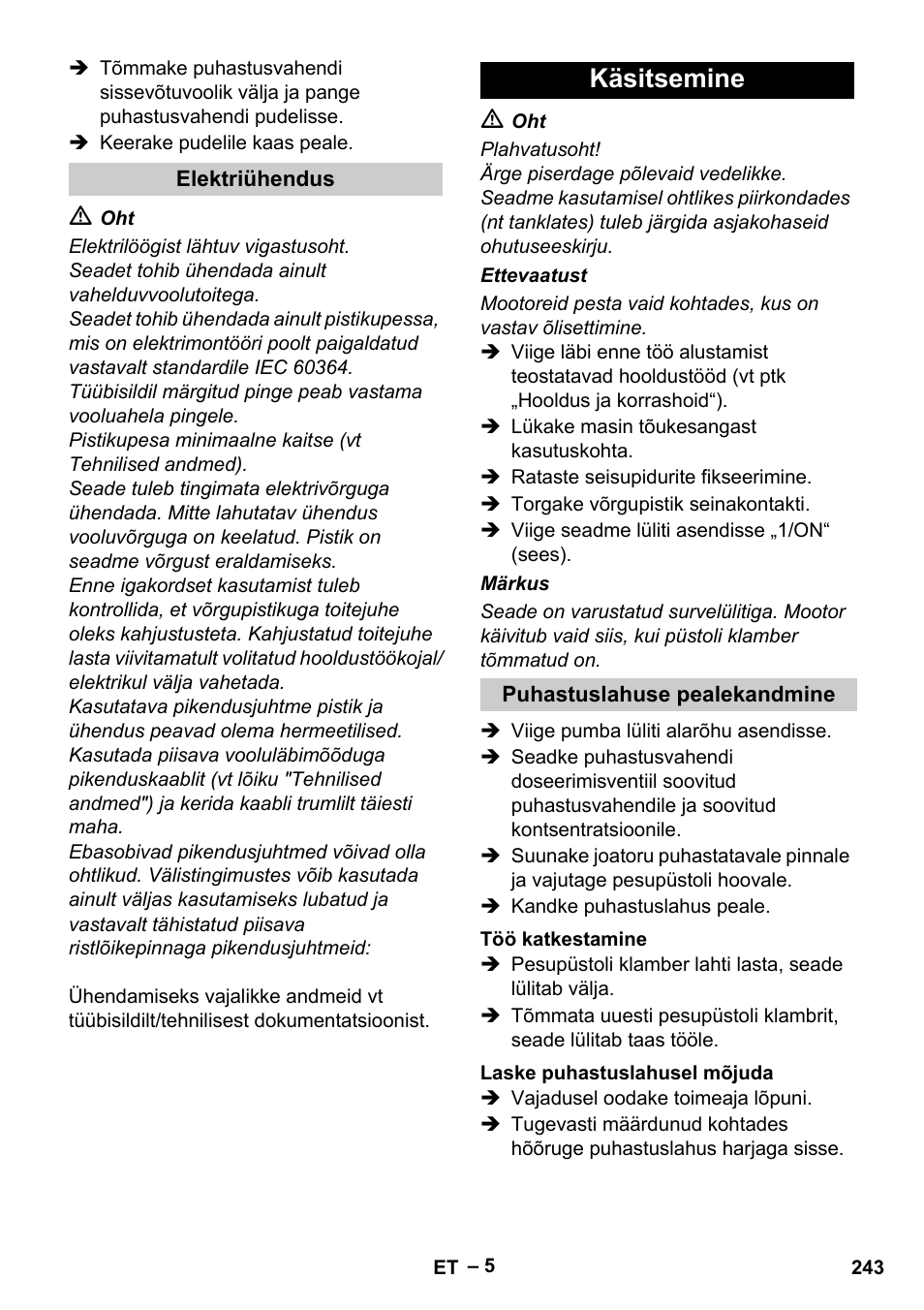 Käsitsemine | Karcher Vysokotlaký čistič AP 100-50 M antr- User Manual | Page 243 / 294