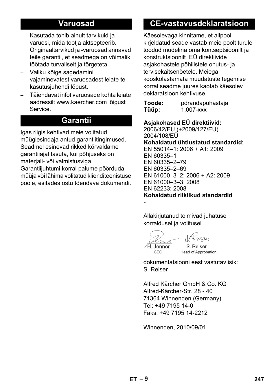 Varuosad garantii ce-vastavusdeklaratsioon | Karcher Vysokotlaký čistič AP 100-50 M antr- User Manual | Page 247 / 294