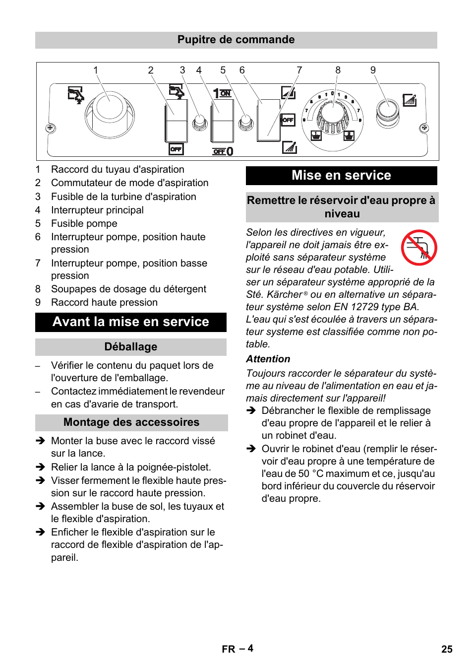 Avant la mise en service, Mise en service | Karcher Vysokotlaký čistič AP 100-50 M antr- User Manual | Page 25 / 294