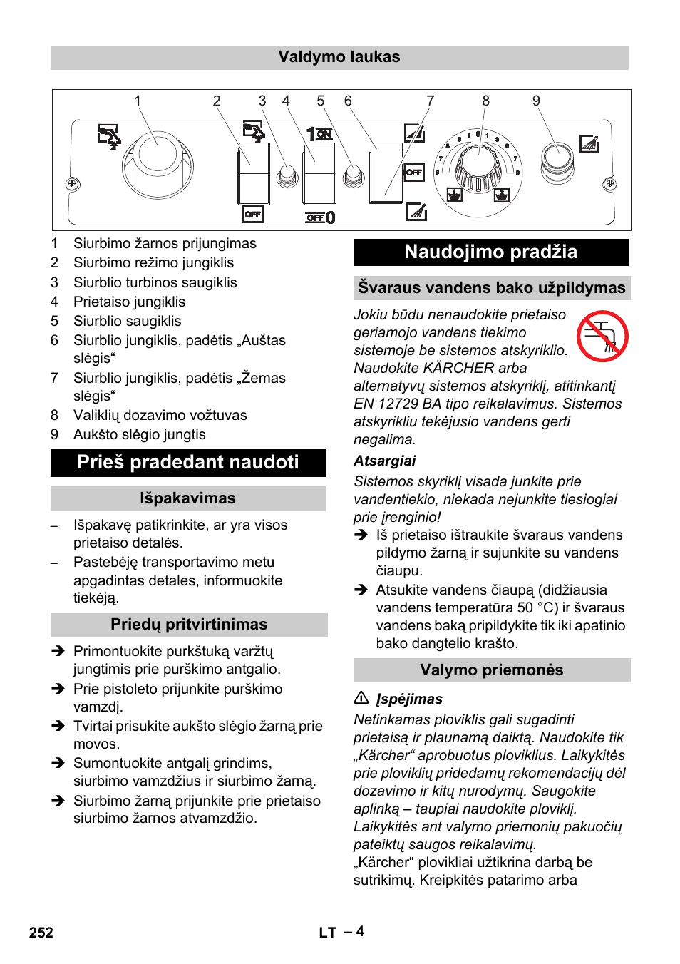 Prieš pradedant naudoti, Naudojimo pradžia | Karcher Vysokotlaký čistič AP 100-50 M antr- User Manual | Page 252 / 294