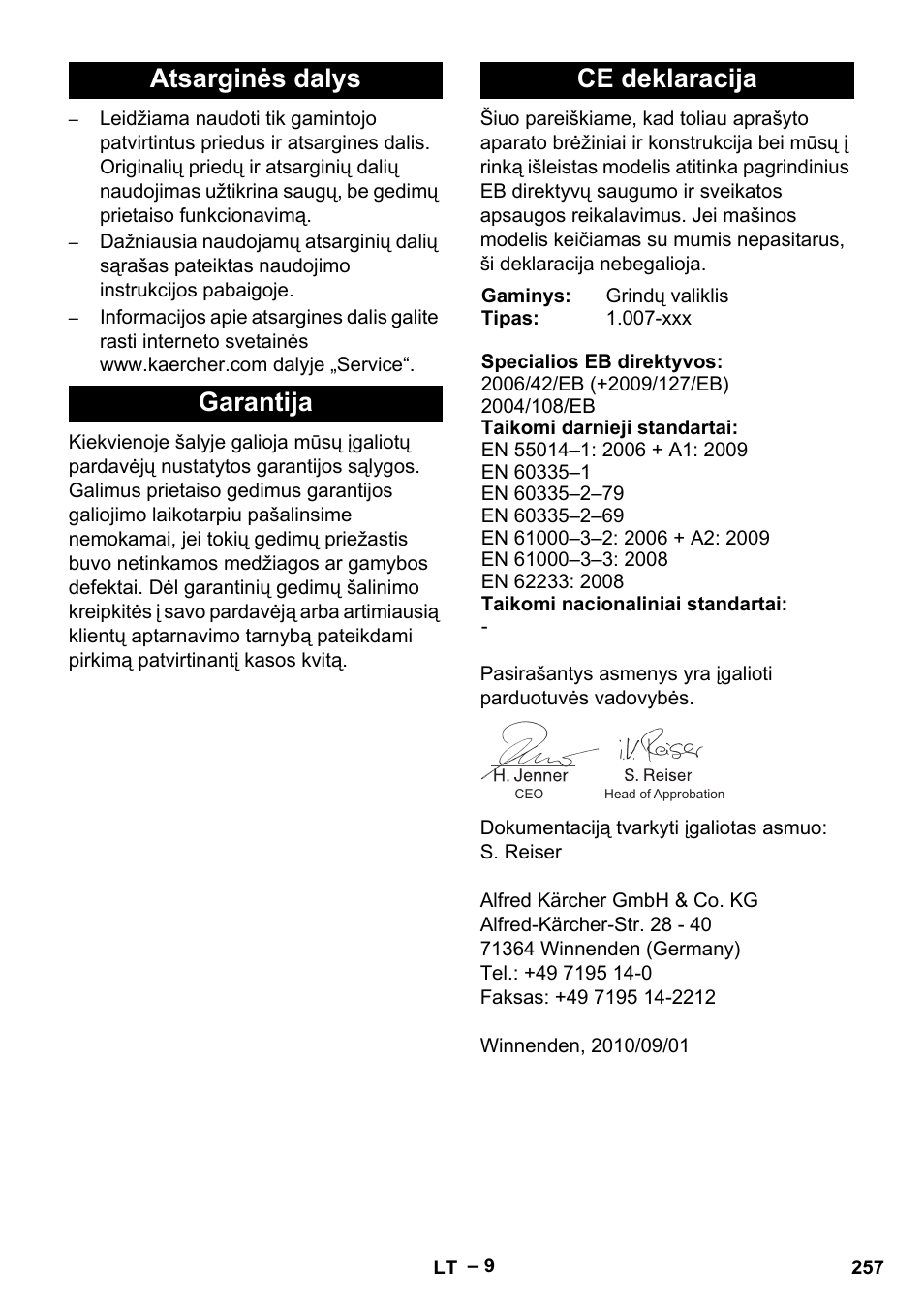 Atsarginės dalys garantija ce deklaracija | Karcher Vysokotlaký čistič AP 100-50 M antr- User Manual | Page 257 / 294