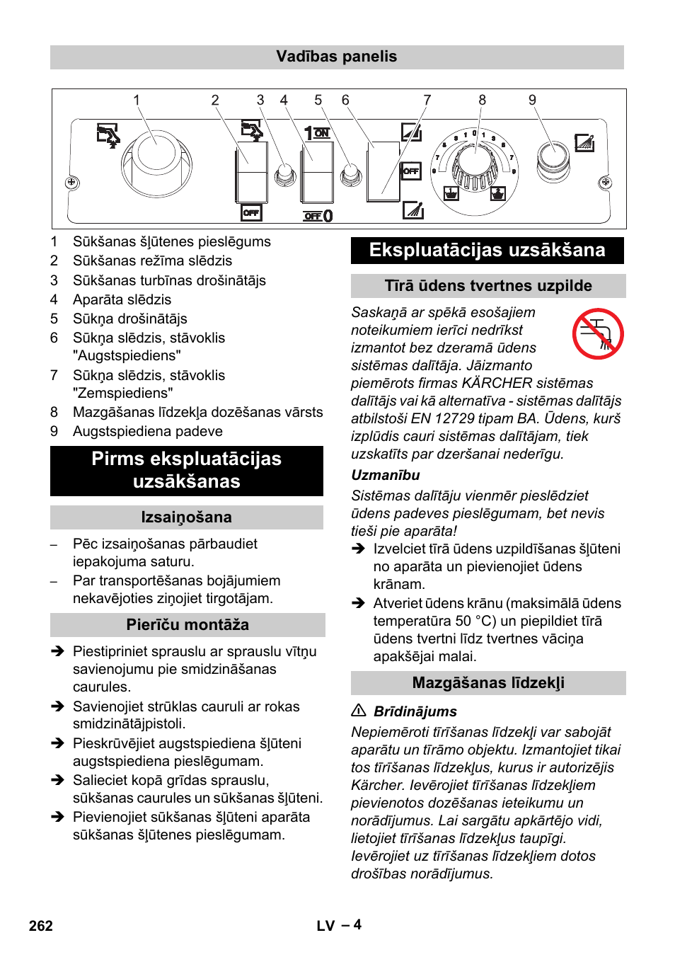 Pirms ekspluatācijas uzsākšanas, Ekspluatācijas uzsākšana | Karcher Vysokotlaký čistič AP 100-50 M antr- User Manual | Page 262 / 294