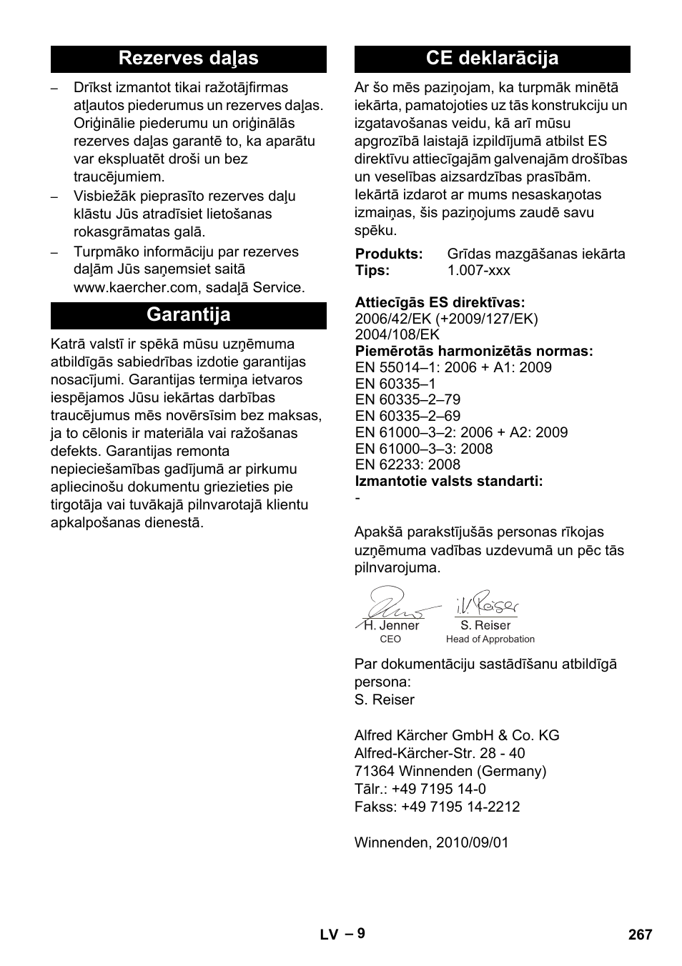 Rezerves daļas garantija ce deklarācija | Karcher Vysokotlaký čistič AP 100-50 M antr- User Manual | Page 267 / 294