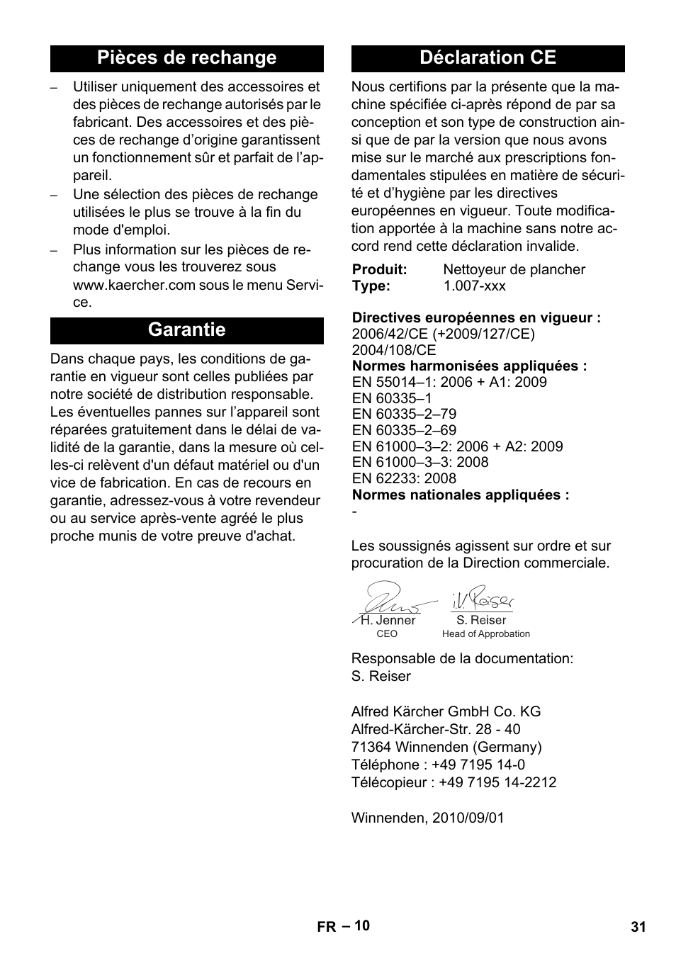 Pièces de rechange garantie déclaration ce | Karcher Vysokotlaký čistič AP 100-50 M antr- User Manual | Page 31 / 294