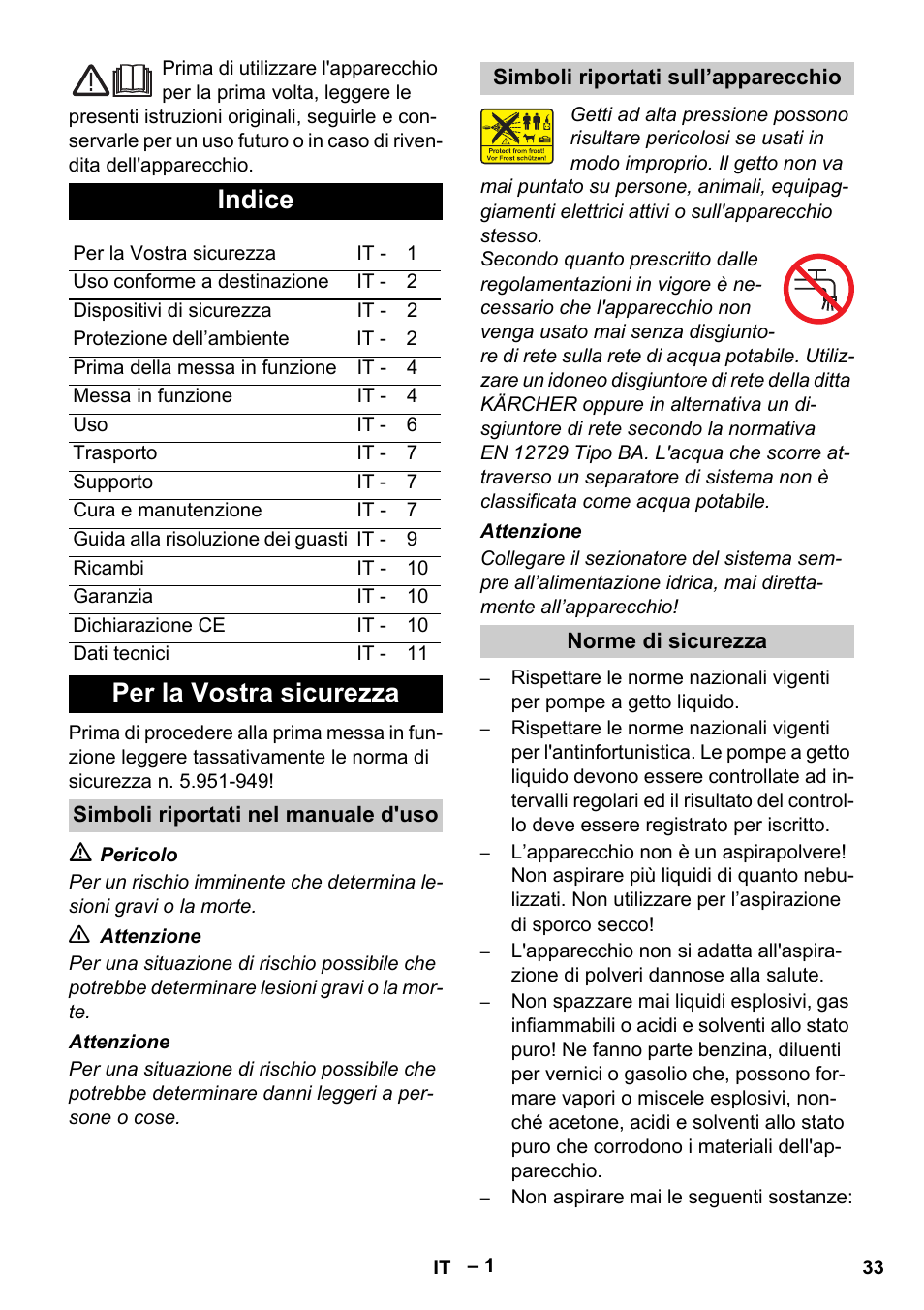 Indice, Per la vostra sicurezza | Karcher Vysokotlaký čistič AP 100-50 M antr- User Manual | Page 33 / 294