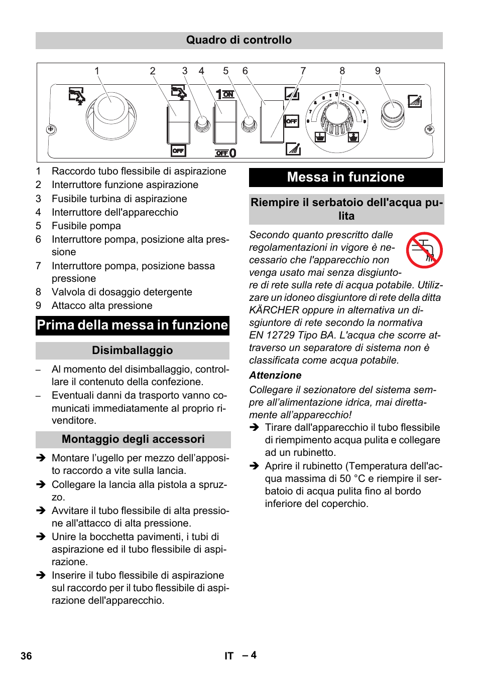 Prima della messa in funzione, Messa in funzione | Karcher Vysokotlaký čistič AP 100-50 M antr- User Manual | Page 36 / 294