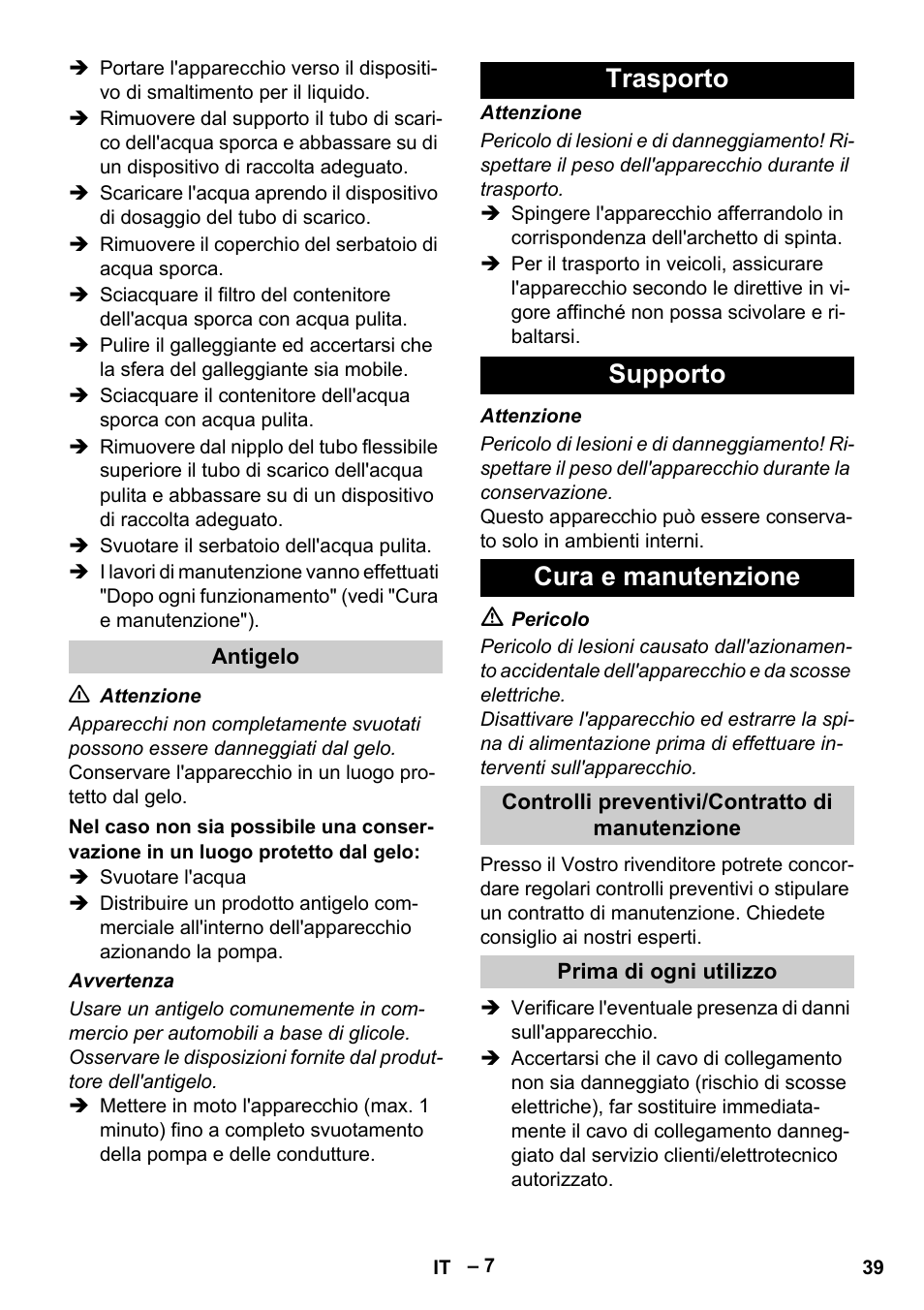 Trasporto supporto cura e manutenzione | Karcher Vysokotlaký čistič AP 100-50 M antr- User Manual | Page 39 / 294