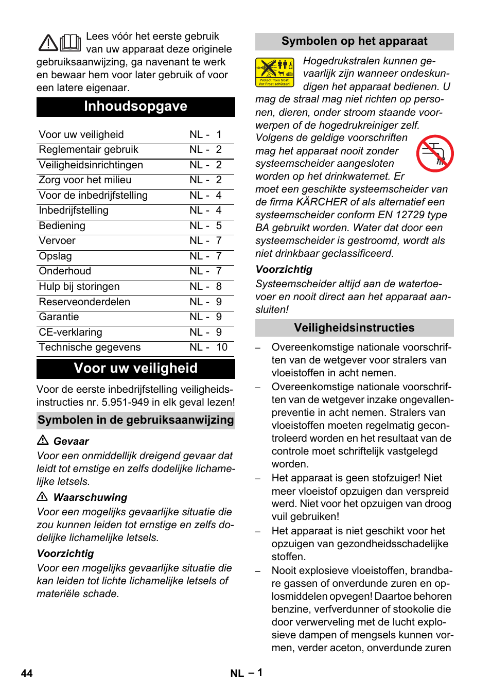 Inhoudsopgave, Voor uw veiligheid | Karcher Vysokotlaký čistič AP 100-50 M antr- User Manual | Page 44 / 294