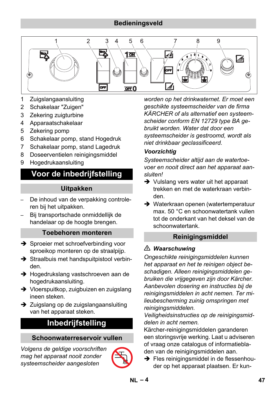 Voor de inbedrijfstelling, Inbedrijfstelling | Karcher Vysokotlaký čistič AP 100-50 M antr- User Manual | Page 47 / 294