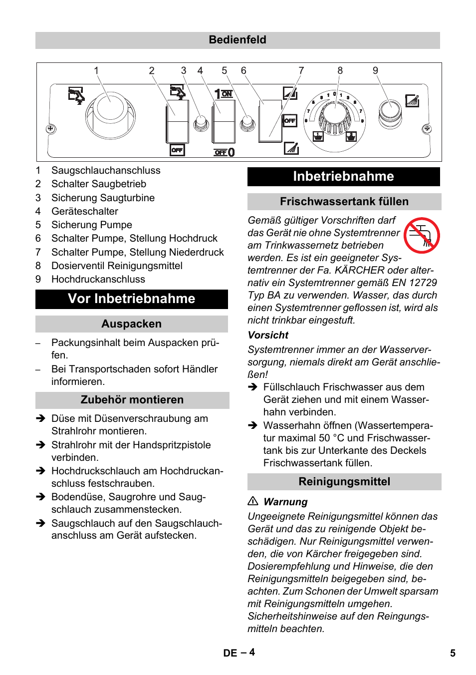 Vor inbetriebnahme, Inbetriebnahme | Karcher Vysokotlaký čistič AP 100-50 M antr- User Manual | Page 5 / 294