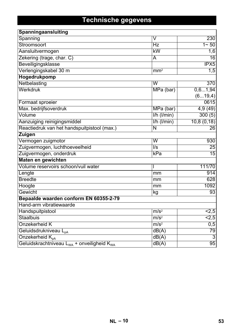 Technische gegevens | Karcher Vysokotlaký čistič AP 100-50 M antr- User Manual | Page 53 / 294