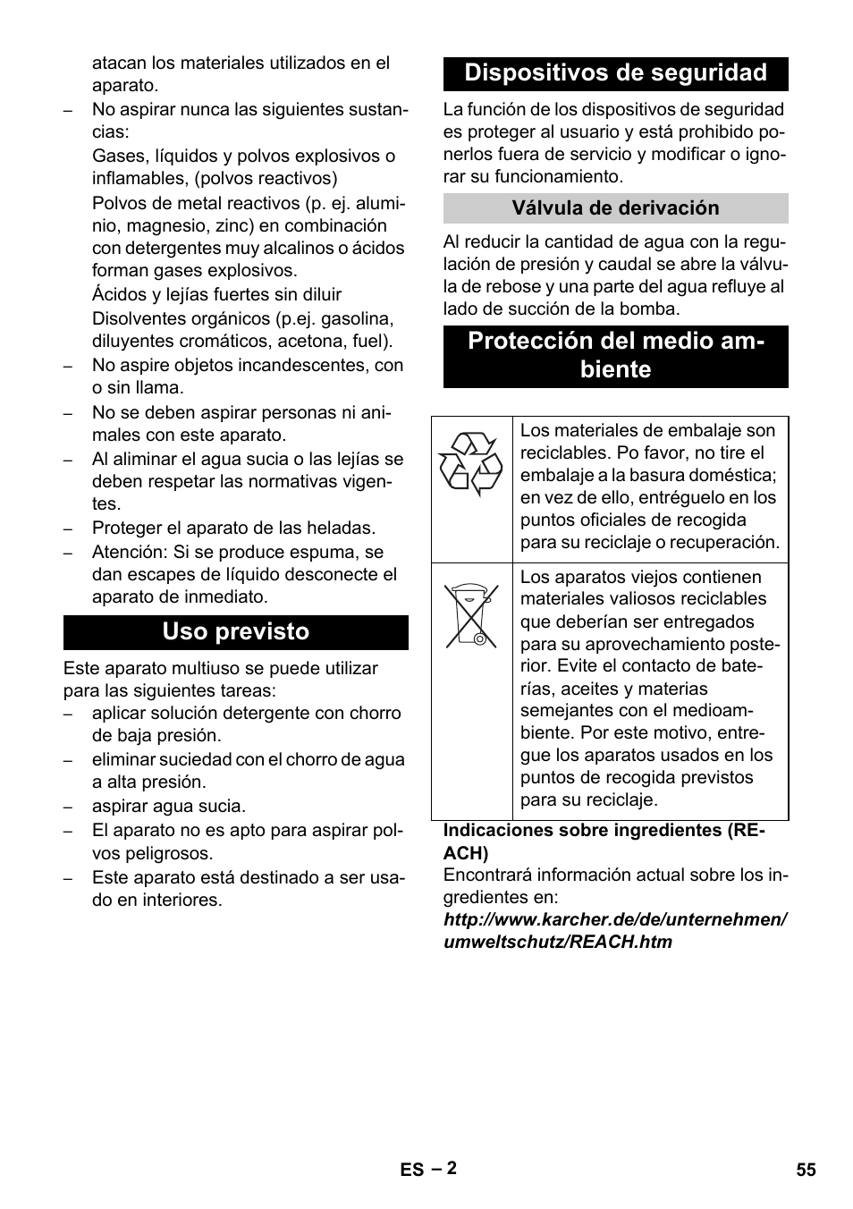 Uso previsto dispositivos de seguridad, Protección del medio am- biente | Karcher Vysokotlaký čistič AP 100-50 M antr- User Manual | Page 55 / 294