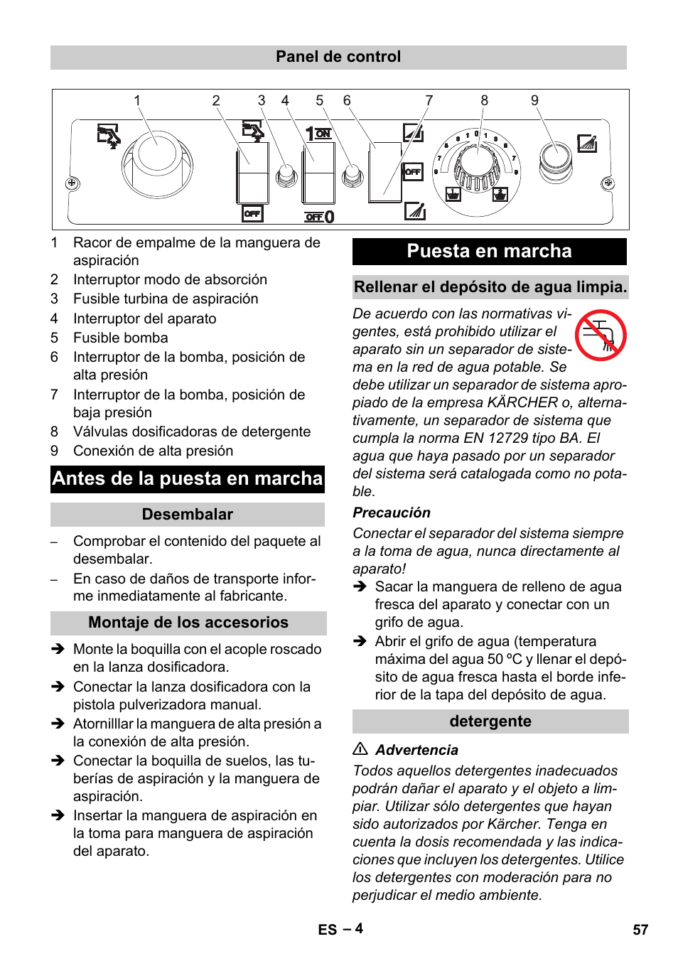 Antes de la puesta en marcha, Puesta en marcha | Karcher Vysokotlaký čistič AP 100-50 M antr- User Manual | Page 57 / 294