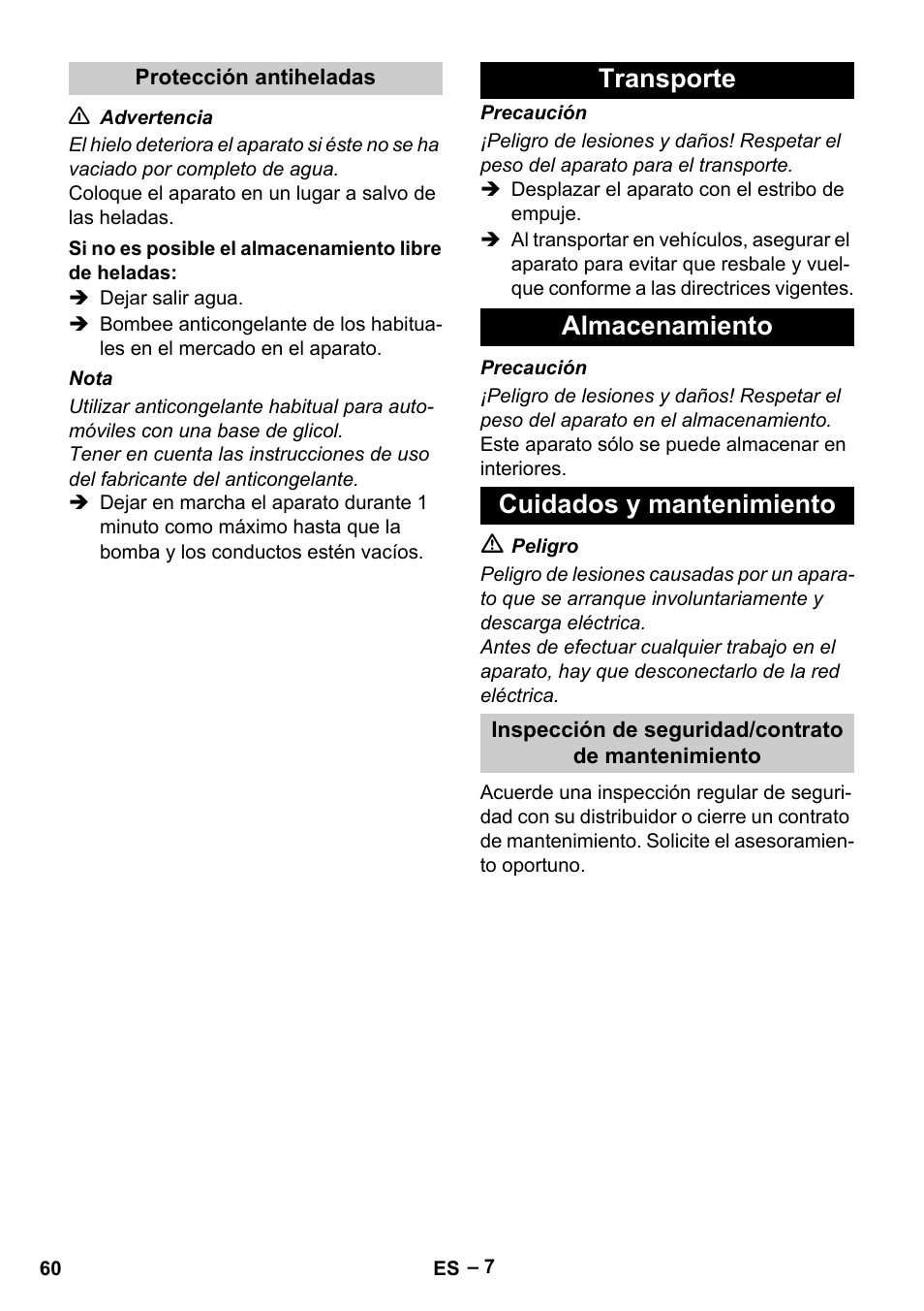 Transporte almacenamiento cuidados y mantenimiento | Karcher Vysokotlaký čistič AP 100-50 M antr- User Manual | Page 60 / 294