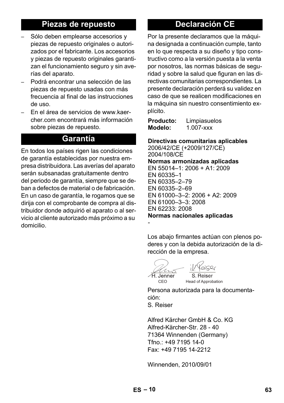 Piezas de repuesto garantía declaración ce | Karcher Vysokotlaký čistič AP 100-50 M antr- User Manual | Page 63 / 294