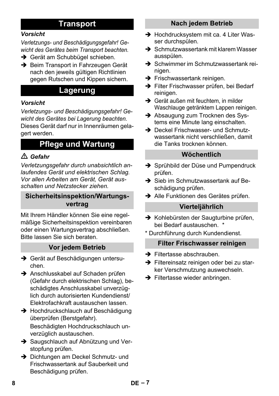 Transport lagerung pflege und wartung | Karcher Vysokotlaký čistič AP 100-50 M antr- User Manual | Page 8 / 294